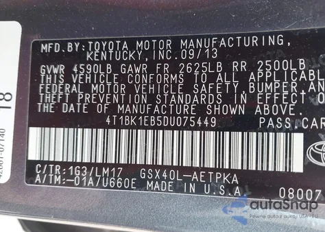 2013 Toyota Avalon Limited z USA, uszkodzony, nr VIN 4T1BK1EB5DU075449